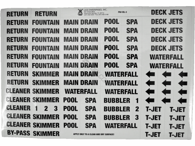 POOL360 V3 BLACK ON WHITE VINYL HIGH END POOL PLUMBING LABELS